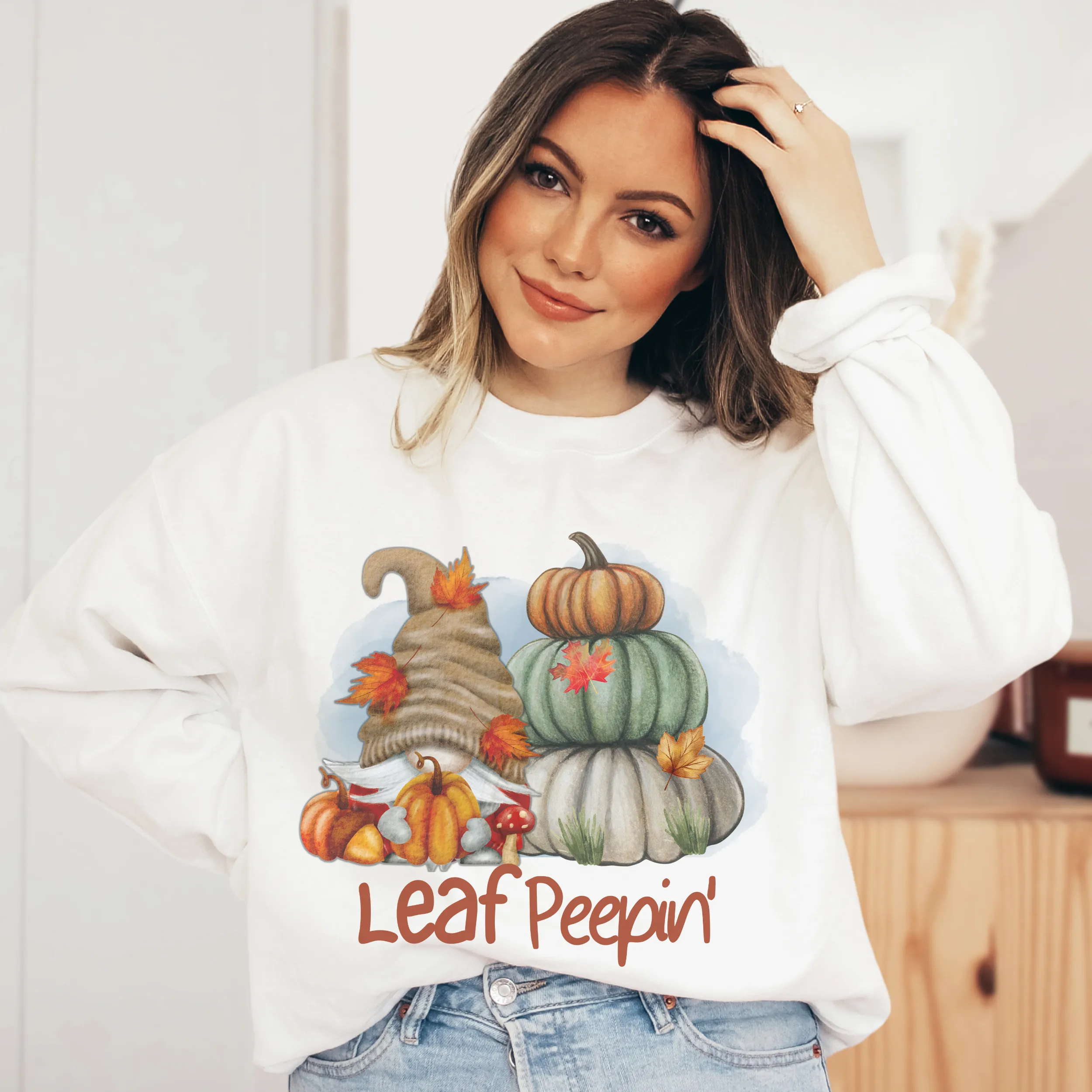 Leaf Peepin' Fall Crewneck Sweatshirt Cute Warm and Cozy Gildan® Pullover Watercolor Gnome and Pumpkins