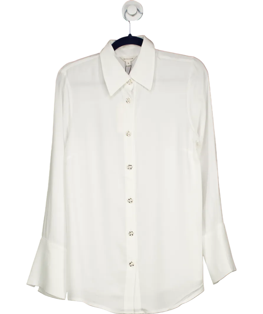 Monsoon White Sandra Plain Floral-button Shirt Ivory UK S