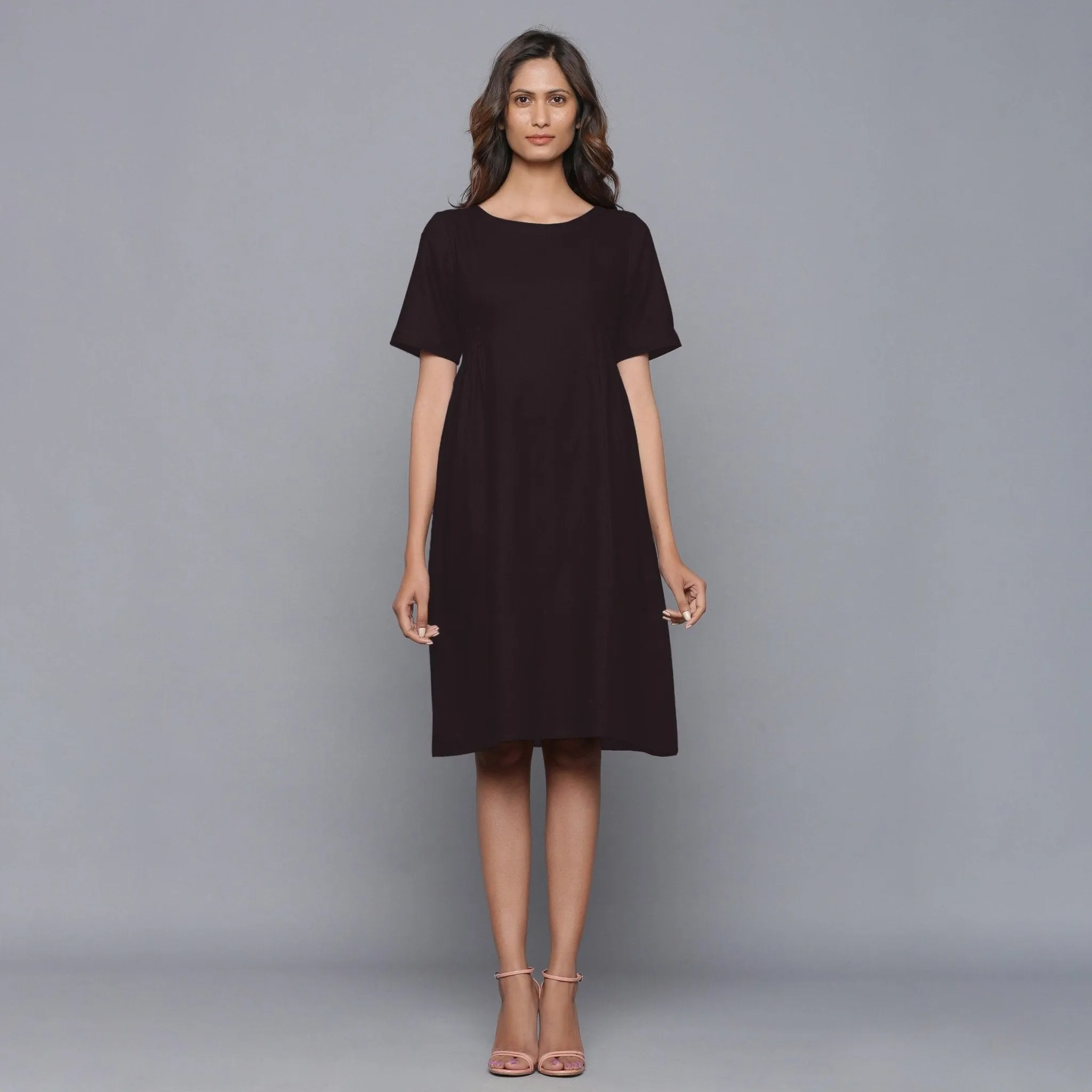 Moonlight Black Warm Cotton Flannel Knee Length Dress