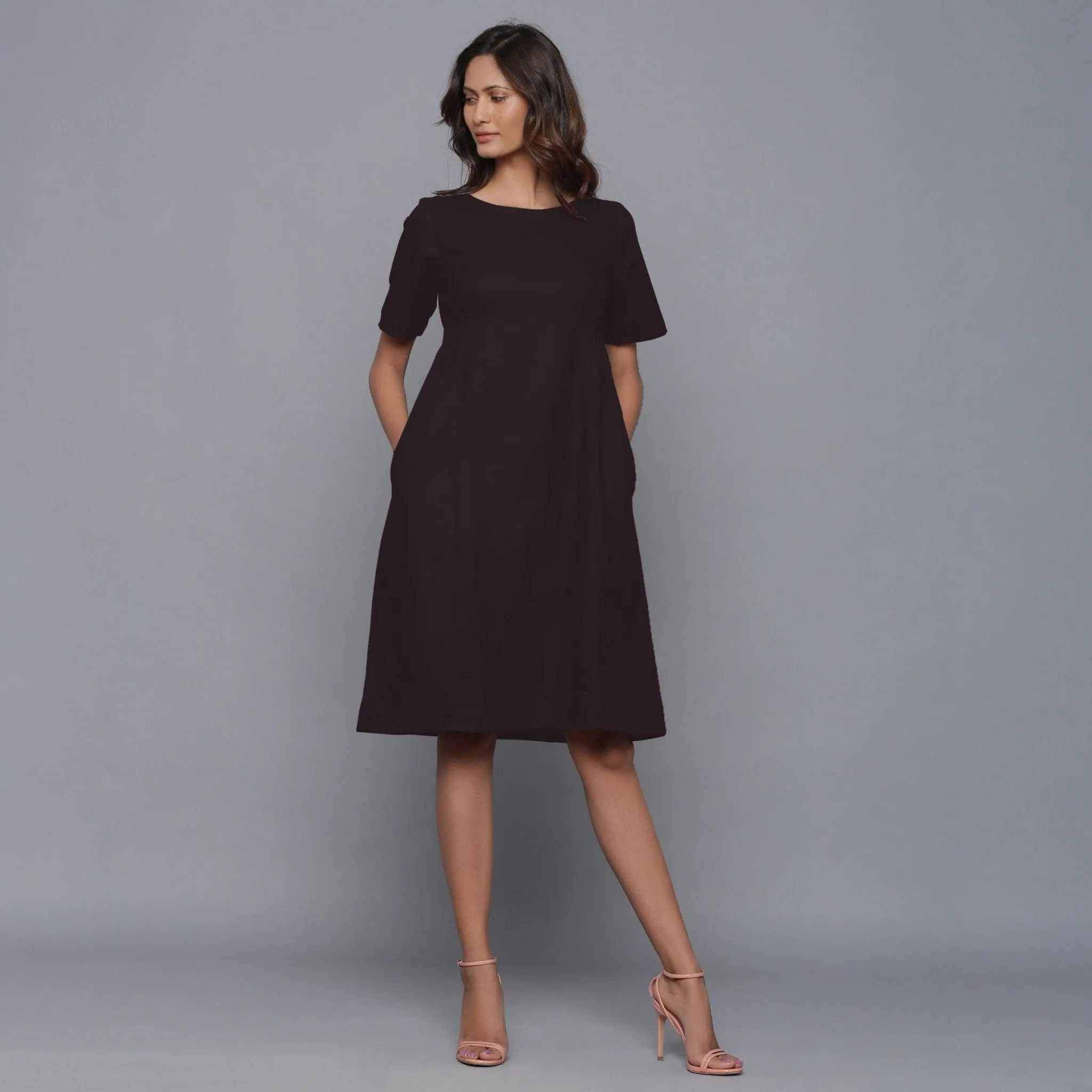 Moonlight Black Warm Cotton Flannel Knee Length Dress