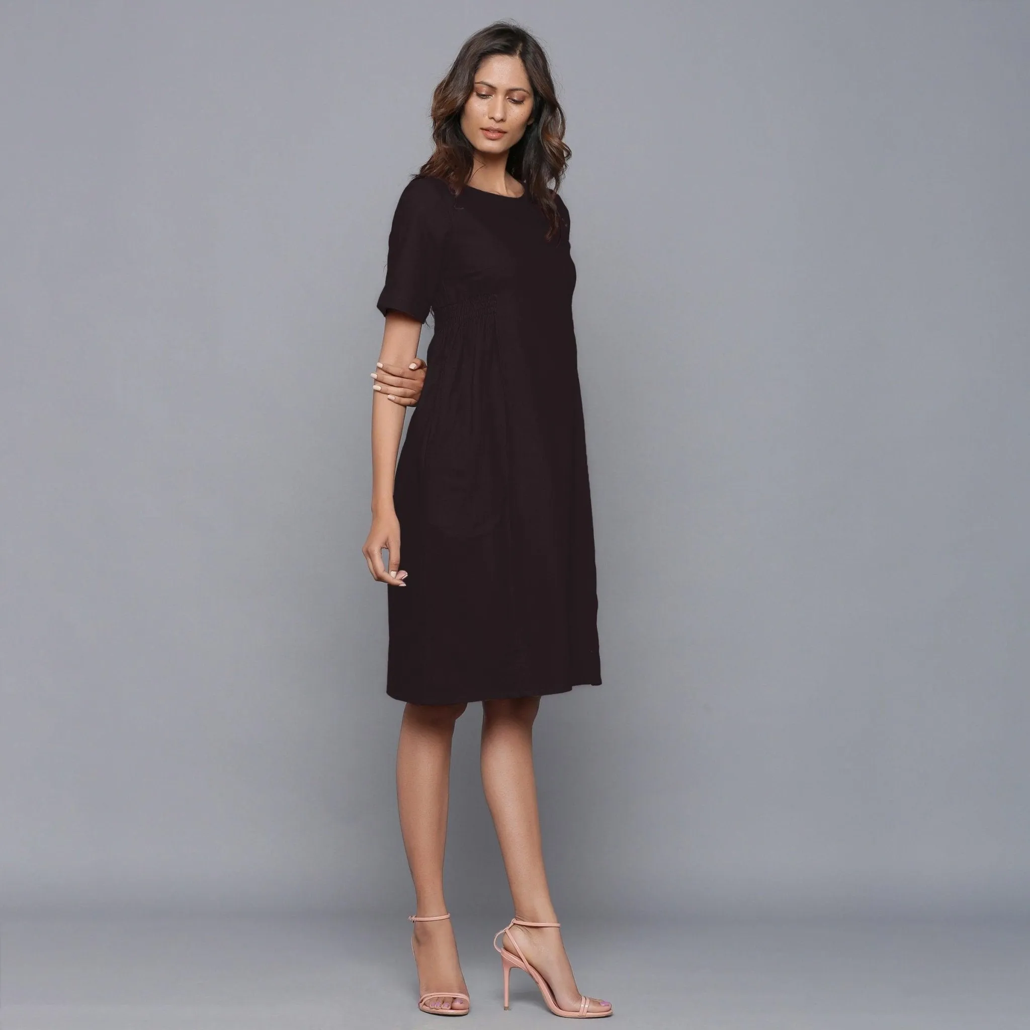 Moonlight Black Warm Cotton Flannel Knee Length Dress