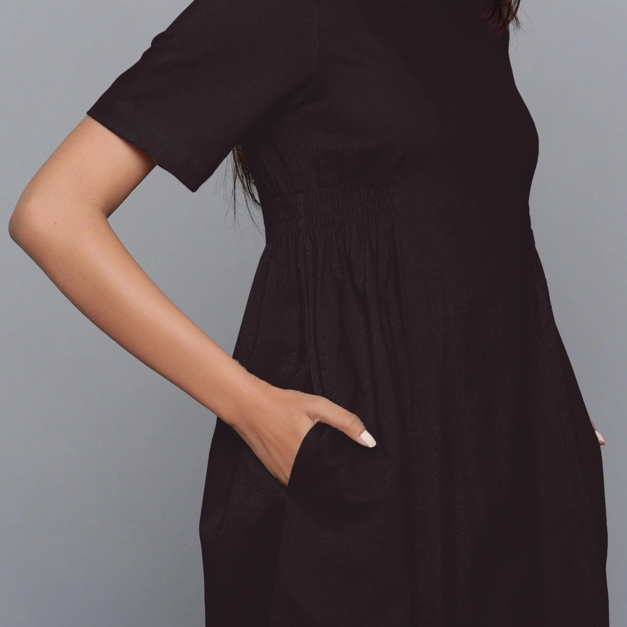 Moonlight Black Warm Cotton Flannel Knee Length Dress