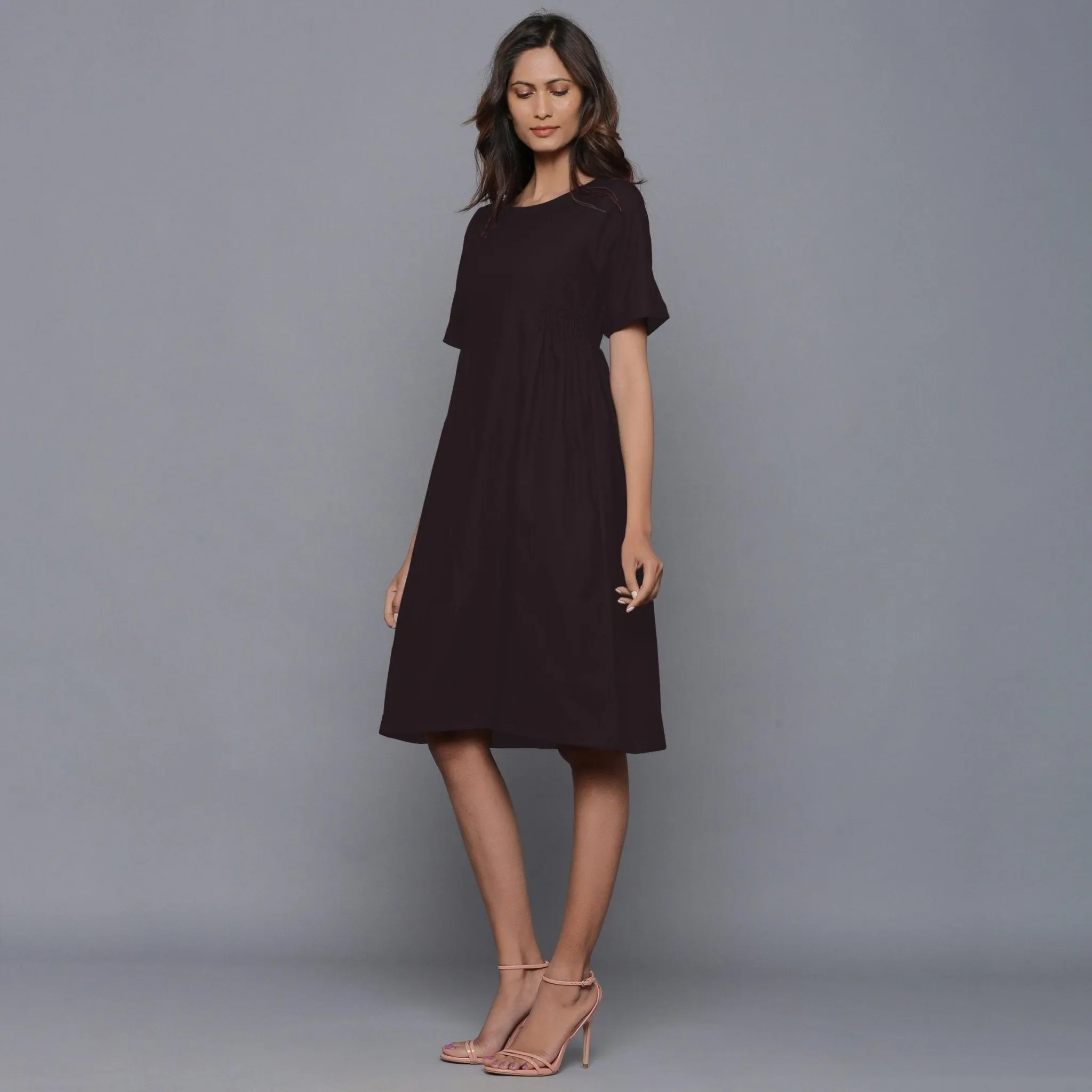 Moonlight Black Warm Cotton Flannel Knee Length Dress