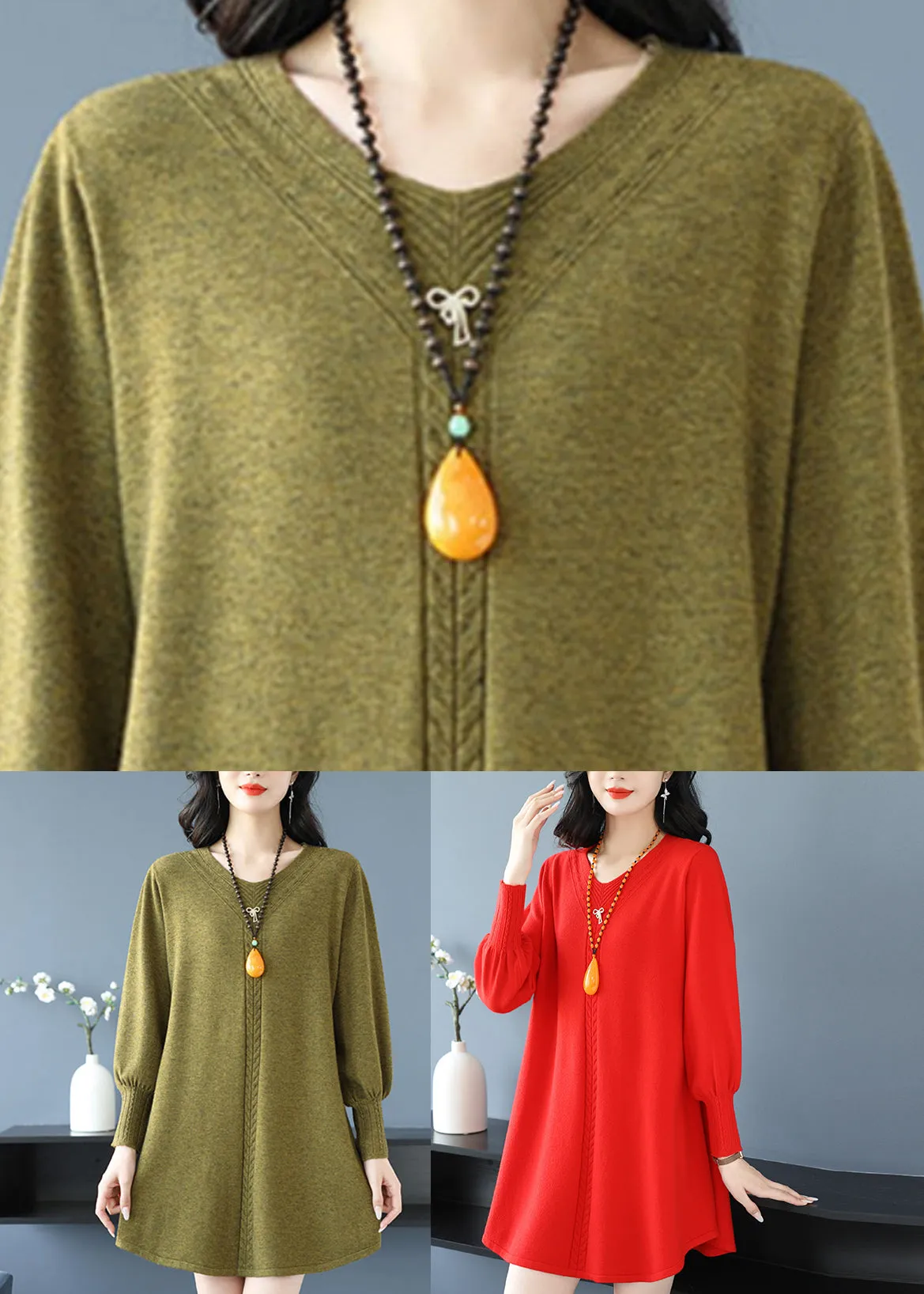 Plus Size Red Patchwork Thick Cotton Knitted Sweaters Winter TE032