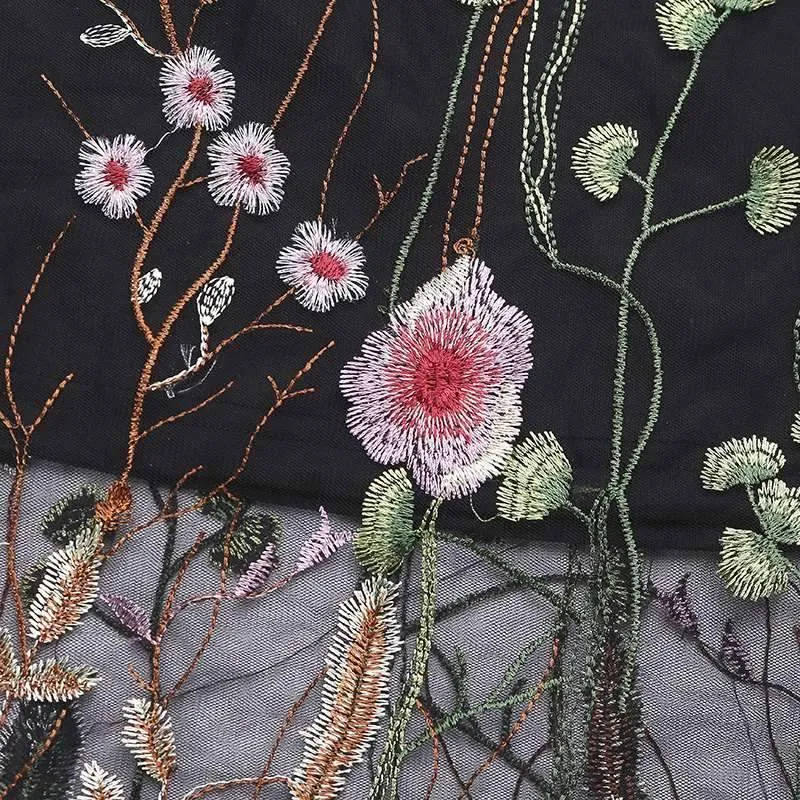Plus Size - S-5XL Plus Size, Boho Elegant Black Floral Embroidered Mesh Overlay Midi A Line Skirts