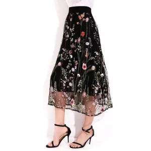 Plus Size - S-5XL Plus Size, Boho Elegant Black Floral Embroidered Mesh Overlay Midi A Line Skirts