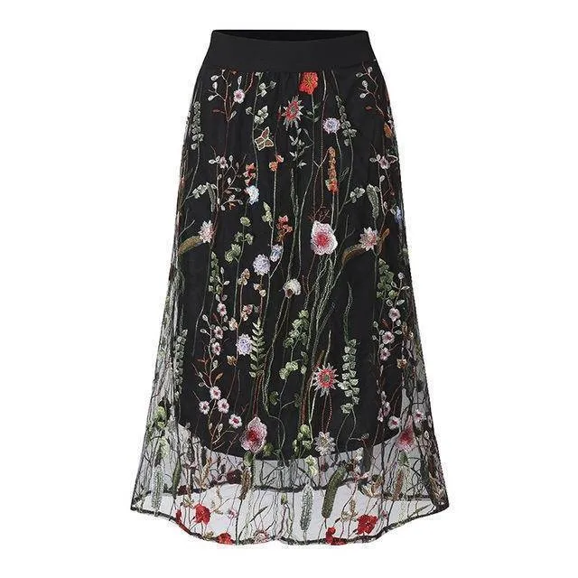 Plus Size - S-5XL Plus Size, Boho Elegant Black Floral Embroidered Mesh Overlay Midi A Line Skirts