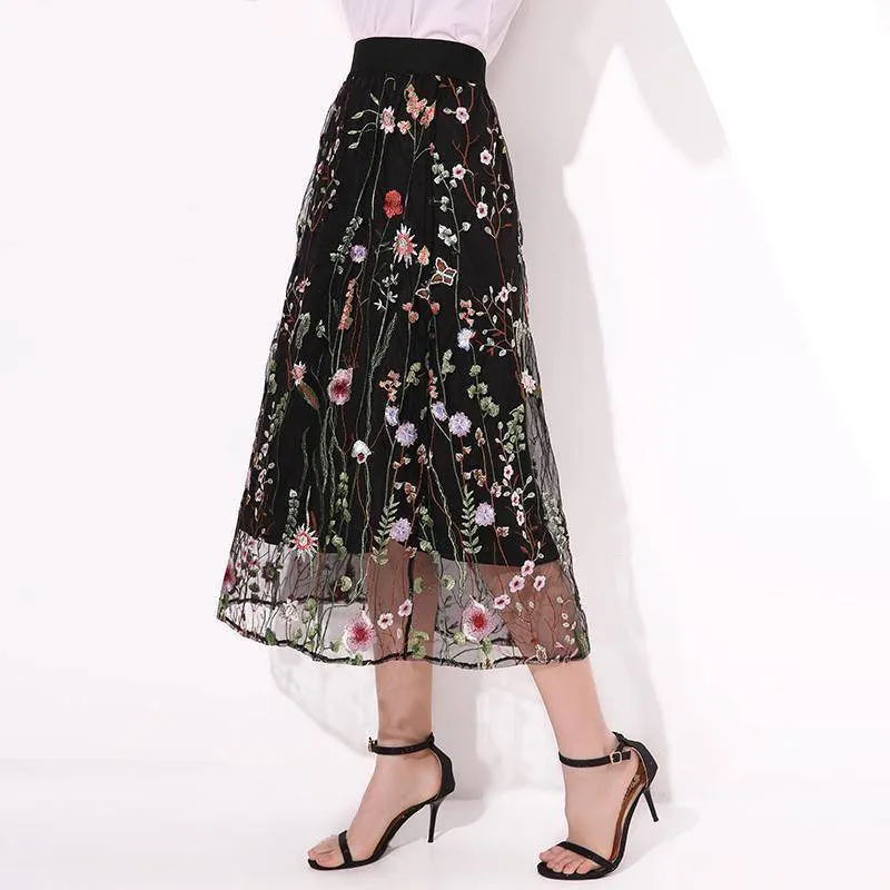 Plus Size - S-5XL Plus Size, Boho Elegant Black Floral Embroidered Mesh Overlay Midi A Line Skirts