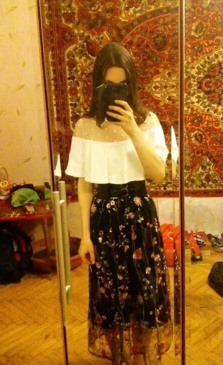 Plus Size - S-5XL Plus Size, Boho Elegant Black Floral Embroidered Mesh Overlay Midi A Line Skirts