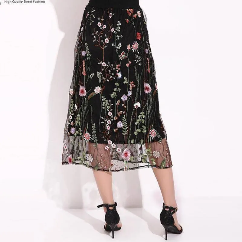 Plus Size - S-5XL Plus Size, Boho Elegant Black Floral Embroidered Mesh Overlay Midi A Line Skirts