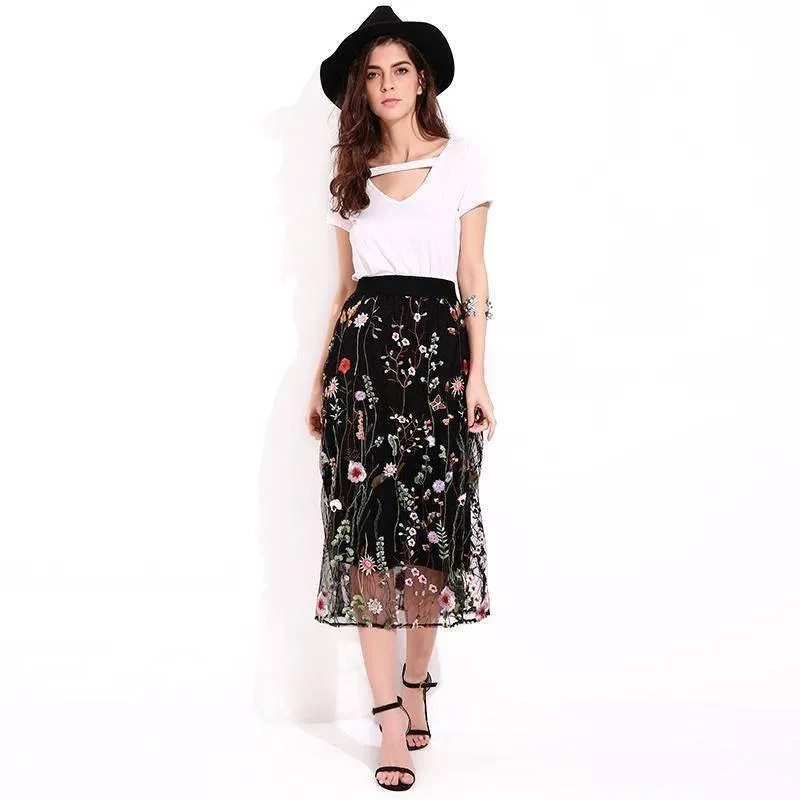 Plus Size - S-5XL Plus Size, Boho Elegant Black Floral Embroidered Mesh Overlay Midi A Line Skirts