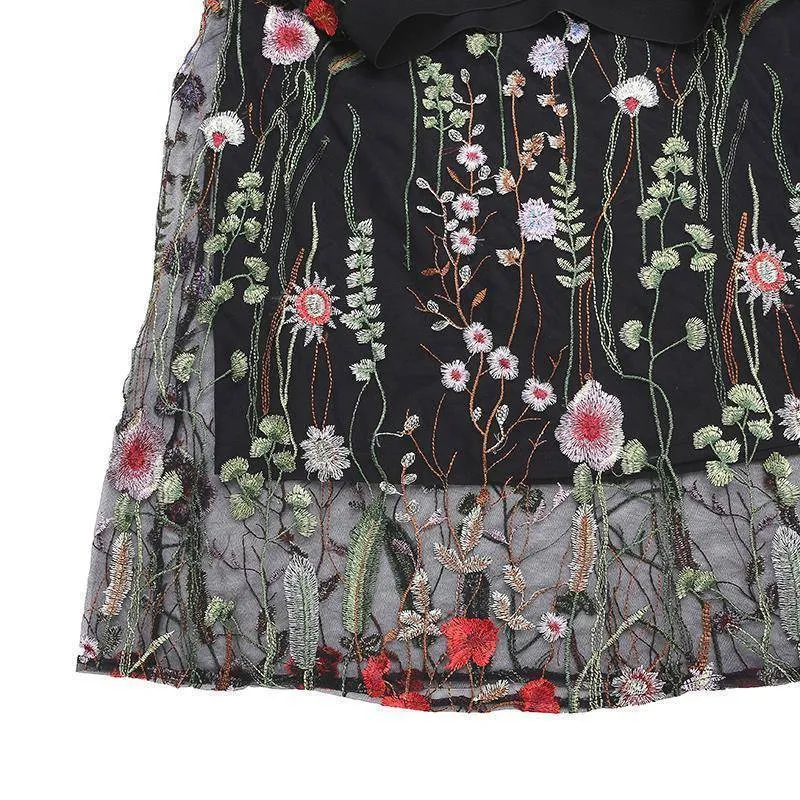 Plus Size - S-5XL Plus Size, Boho Elegant Black Floral Embroidered Mesh Overlay Midi A Line Skirts