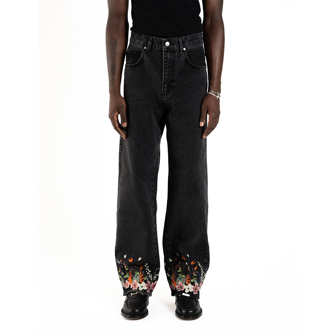 RELAXED FIT FLORAL EMBROIDERED DENIM