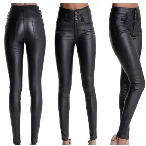 Stretchy synthetic leather pants for women with a narrow, high waist