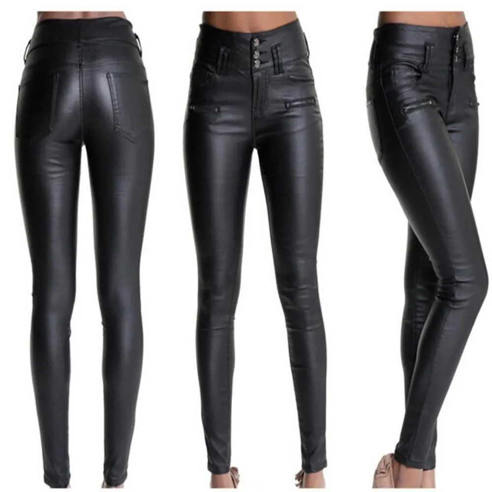 Stretchy synthetic leather pants for women with a narrow, high waist