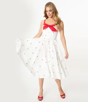 Unique Vintage 1950s White & Red Cherry Print Golightly Swing Dress