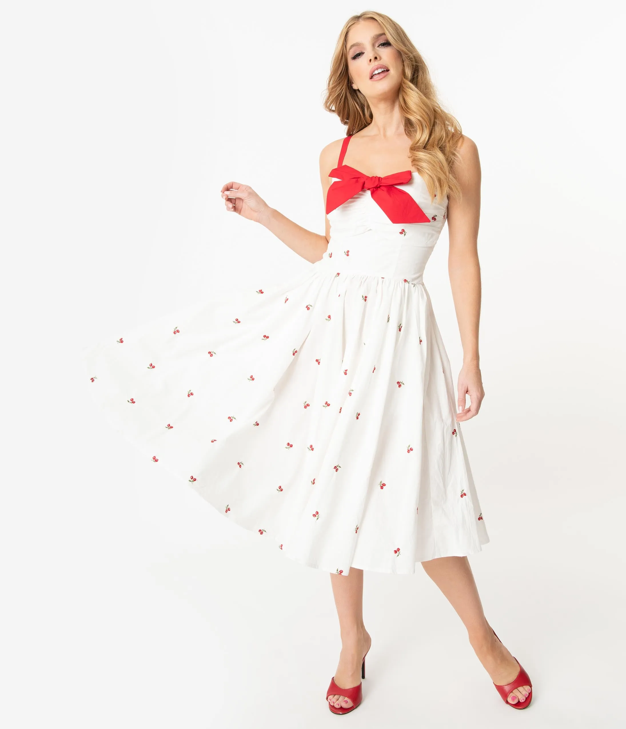 Unique Vintage 1950s White & Red Cherry Print Golightly Swing Dress