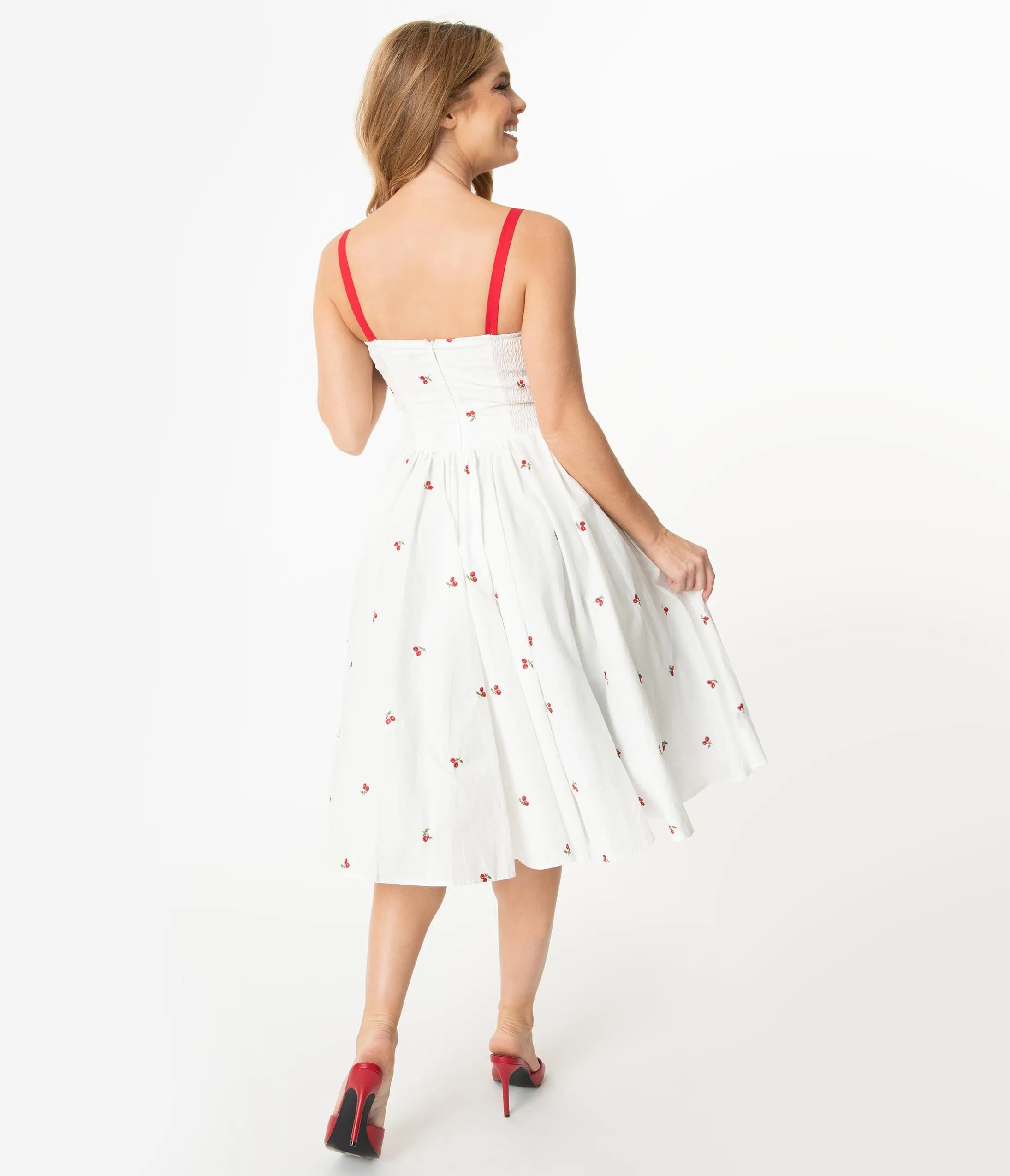 Unique Vintage 1950s White & Red Cherry Print Golightly Swing Dress