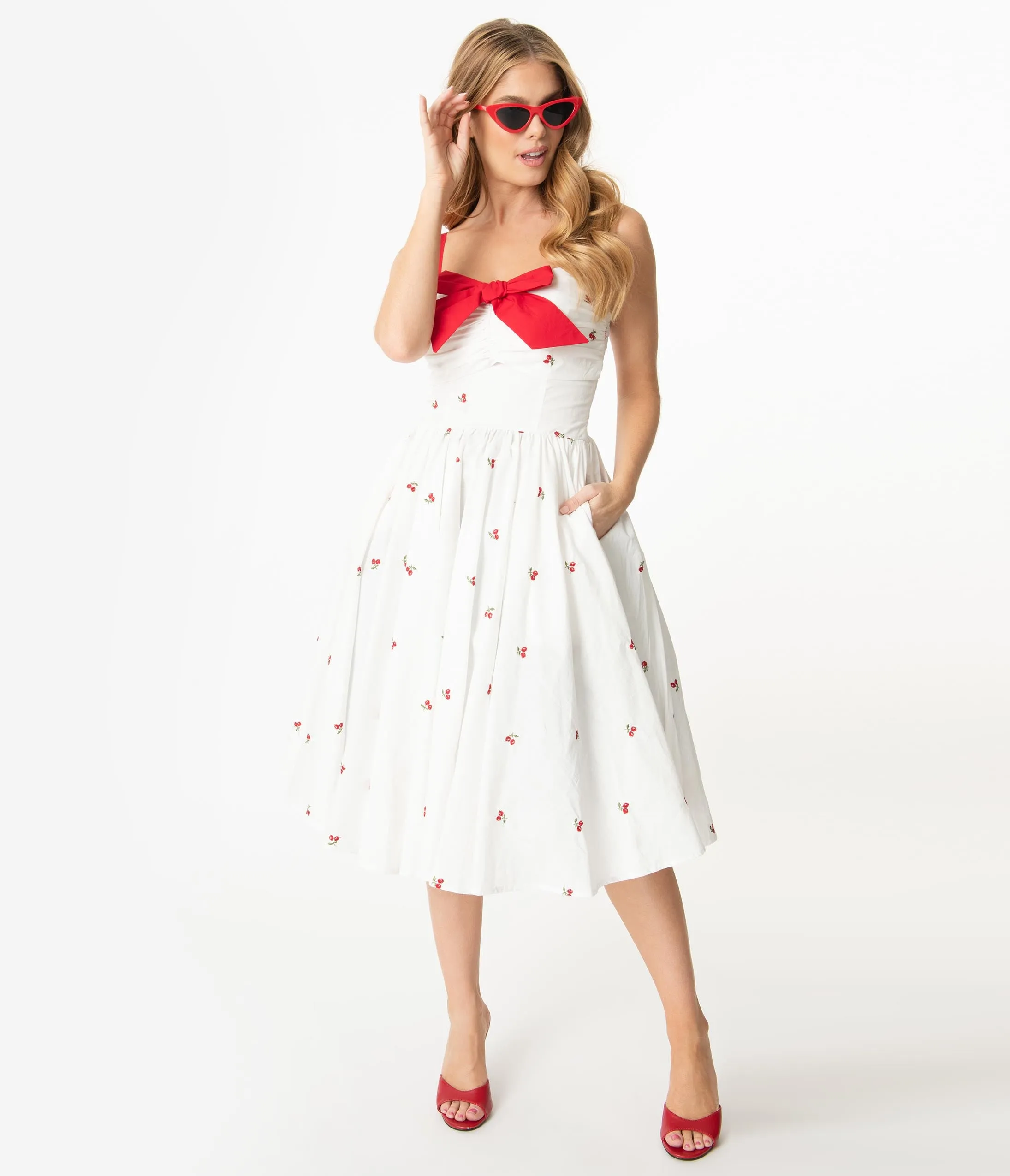 Unique Vintage 1950s White & Red Cherry Print Golightly Swing Dress