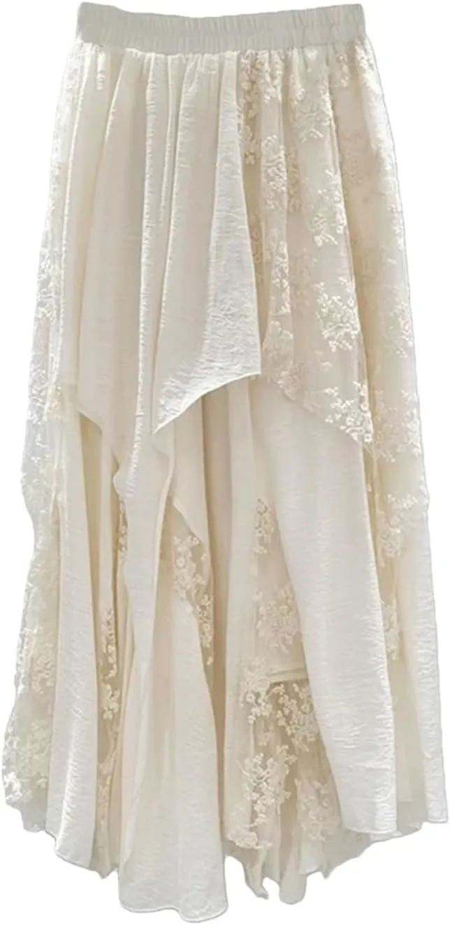 Women's Embroidered Mesh Skirt, Asymmetric Hem Bohemian Skirt