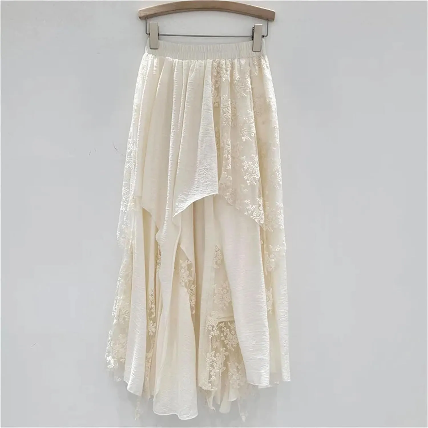 Women's Embroidered Mesh Skirt, Asymmetric Hem Bohemian Skirt
