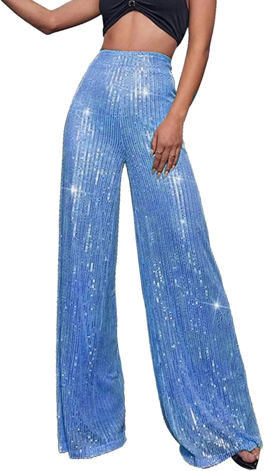 Womens Sequin Flare Pants Women's High Waisted Sequin Loose Drape Wide Leg Pants Fashion Sequence Wide Leg Sequin