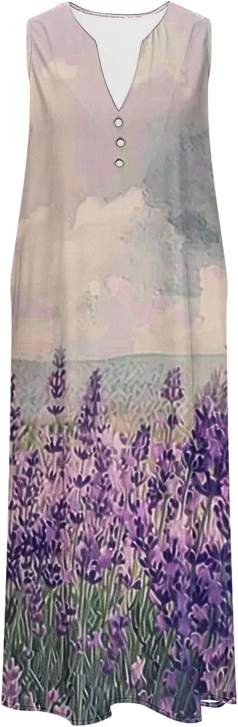 Womens Summer Dresses Boho Floral Printed Sundress Casual Button V-Neck Sleeveless Beach Vacation Midi Dress