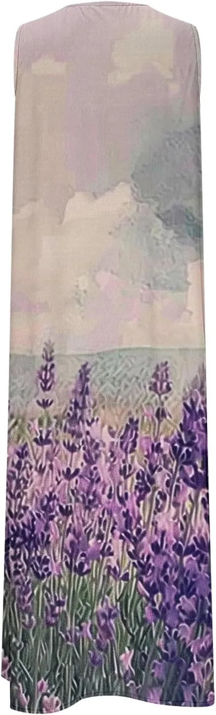 Womens Summer Dresses Boho Floral Printed Sundress Casual Button V-Neck Sleeveless Beach Vacation Midi Dress