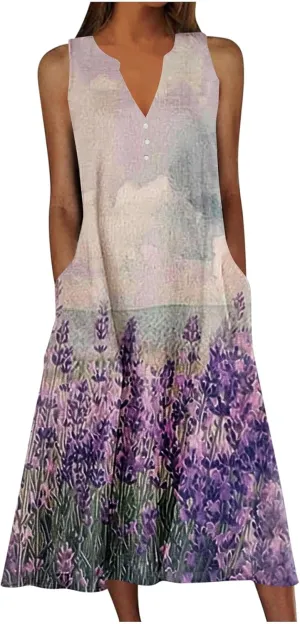 Womens Summer Dresses Boho Floral Printed Sundress Casual Button V-Neck Sleeveless Beach Vacation Midi Dress
