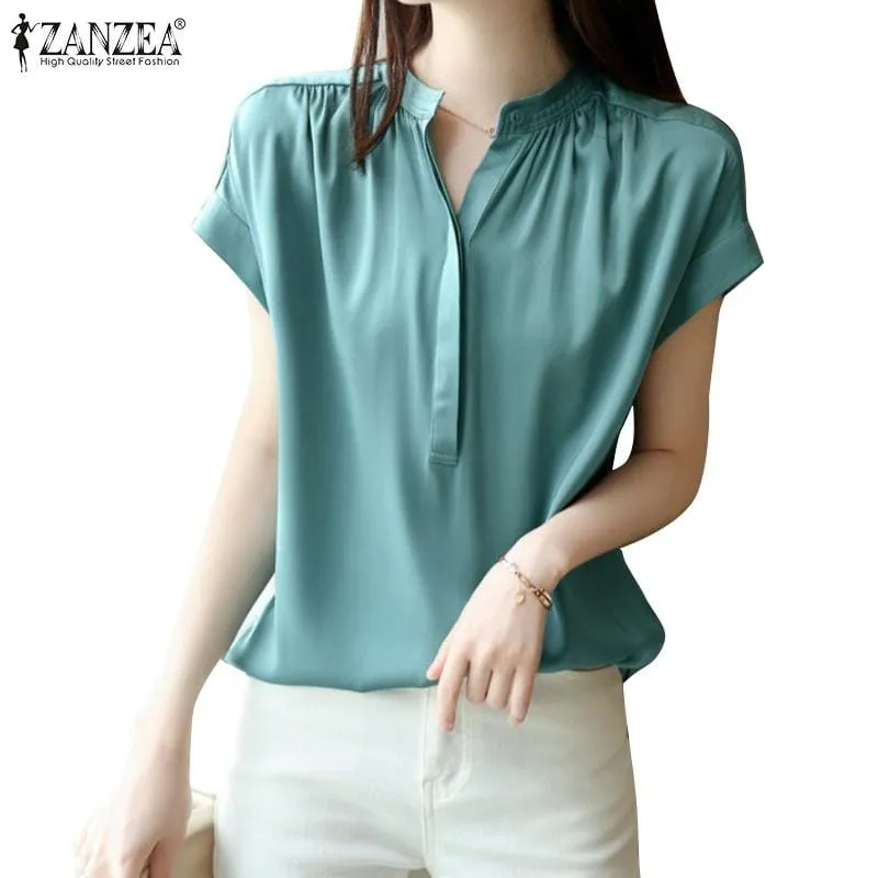 Zanzea V-Neck Casual Blouses Short Sleeves Solid Color Formal Summer Fashion for women S4646103
