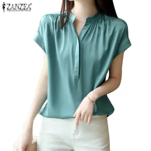 Zanzea V-Neck Casual Blouses Short Sleeves Solid Color Formal Summer Fashion for women S4646103